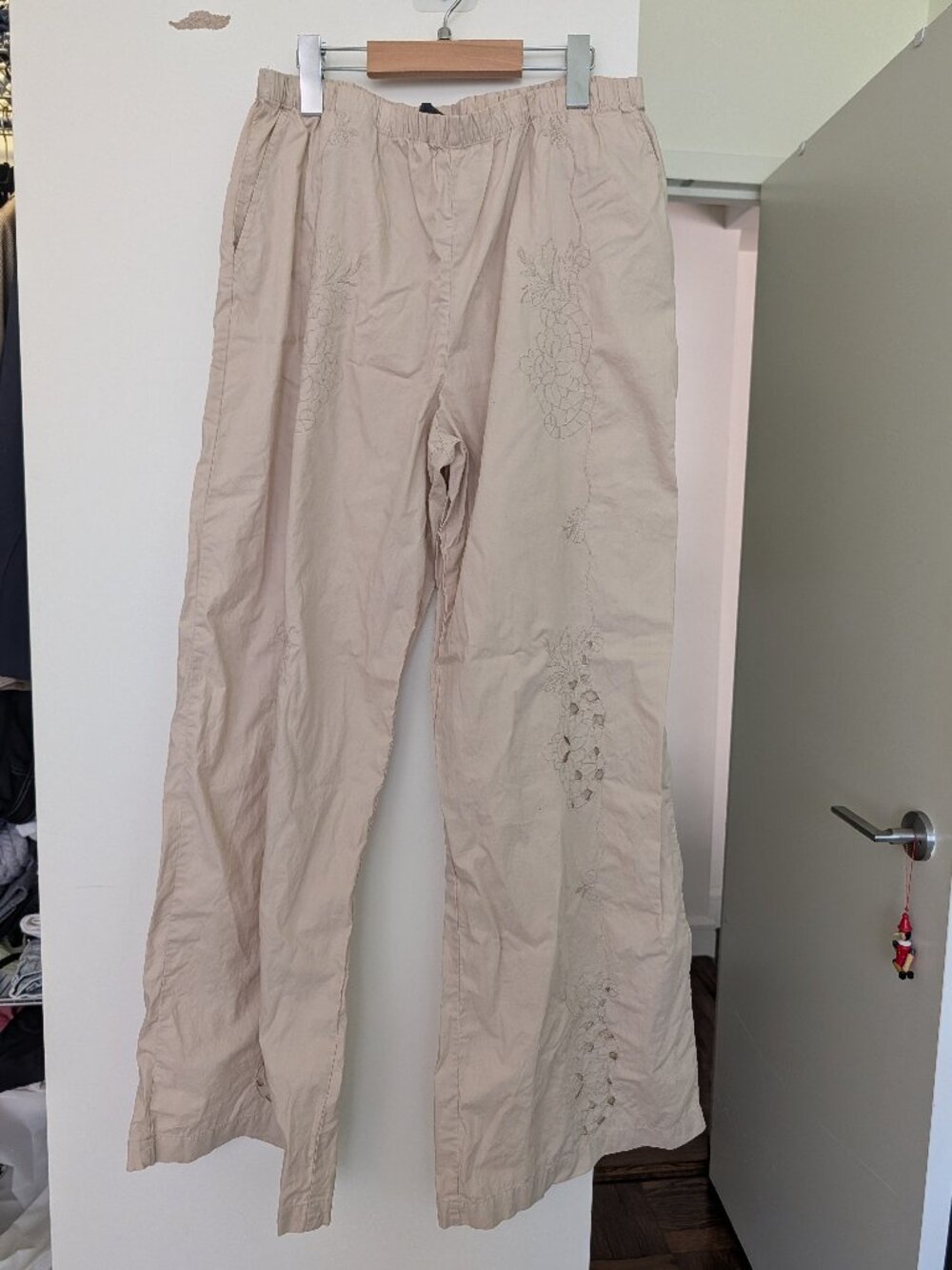 NWT Zara Beige Tonal Floral Embroidery Cutwork Wide-Leg Pants Elastic Waist Size